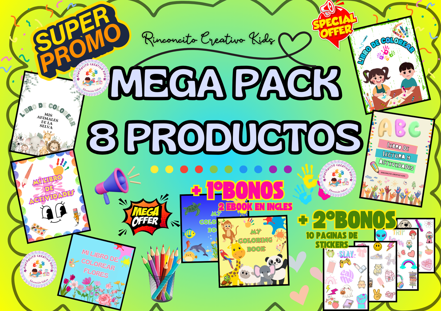 MEGA PACK - COMPLETO + 2 BONOS DE EBOOK EN INGLES + 1 PDF DE 10 PAGINAS DE STICKERS
